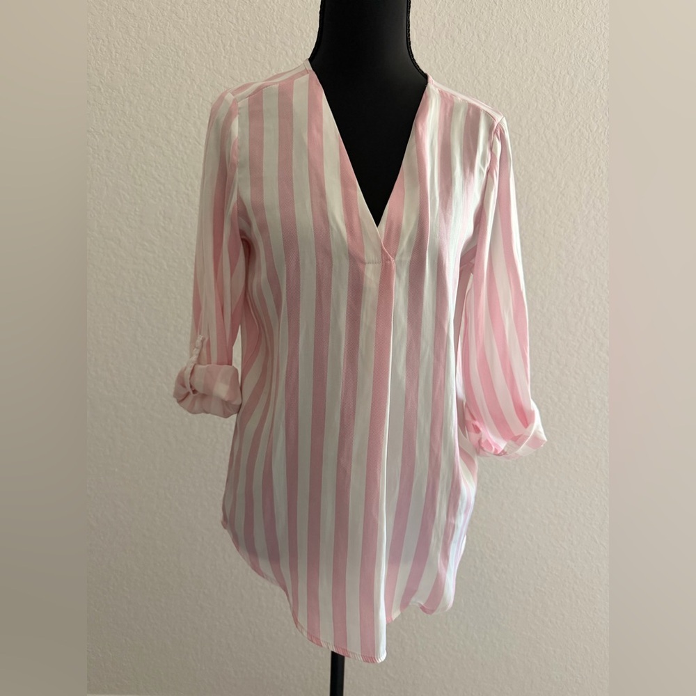 Stradivarius Pink & White Vertical Stripe V-Neck Blouse